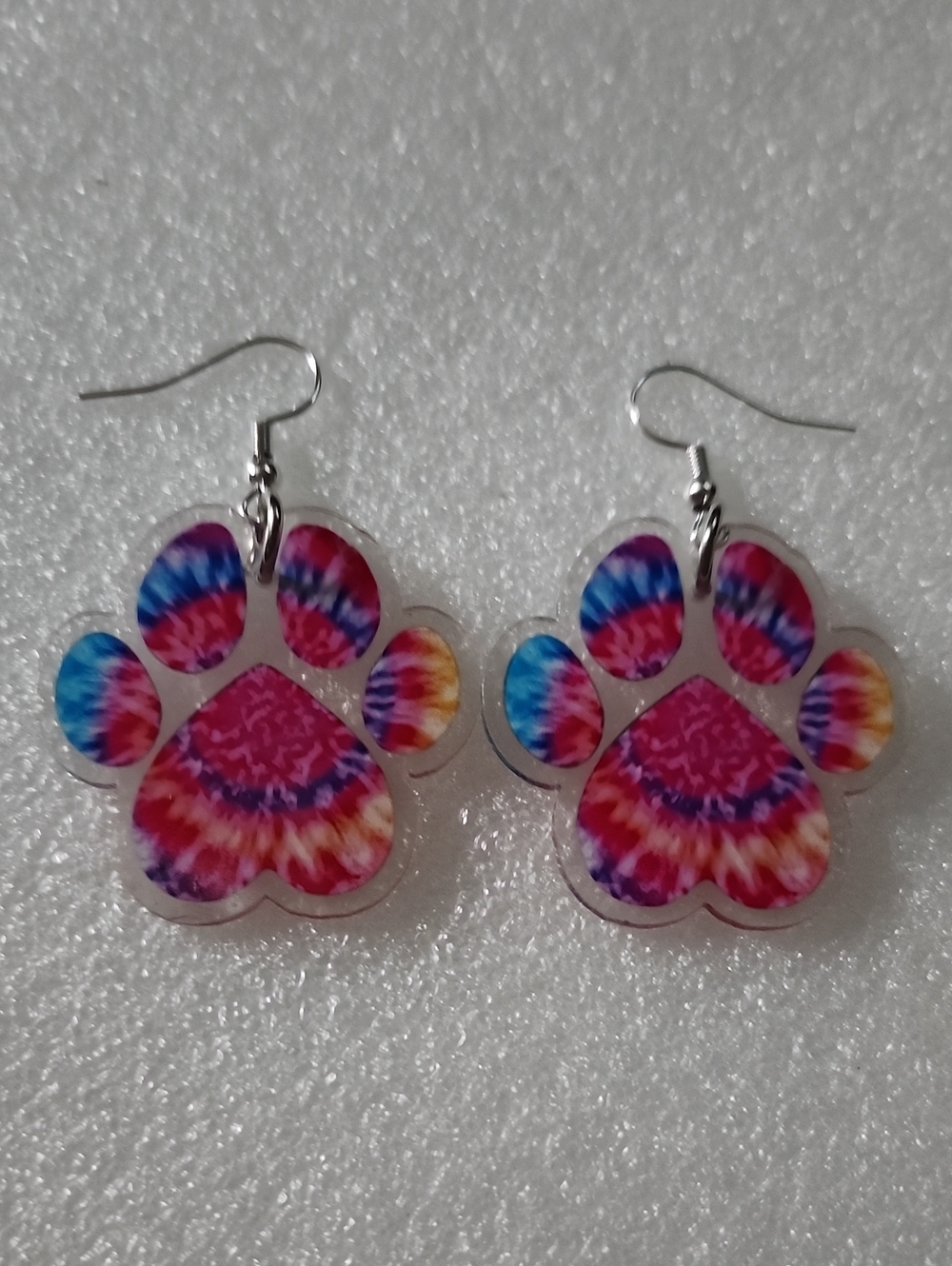 Hand Crafted Tie-Dye Paw Print Dangle Earrings - Pink, Blue & Yellow
